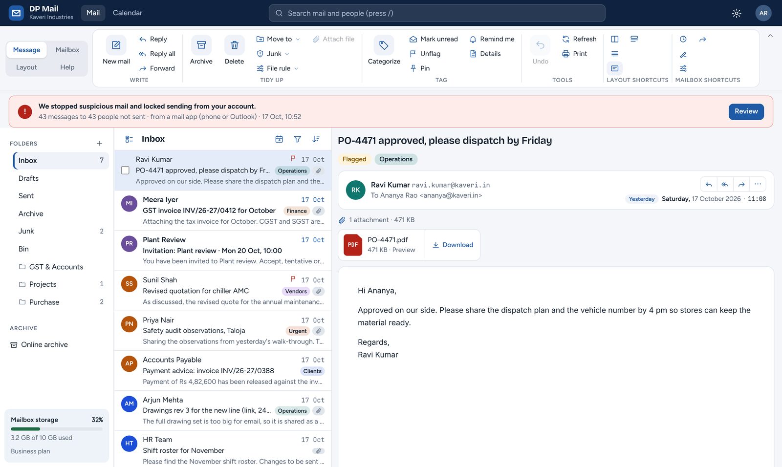 DP Mail webmail: Hijack alert. When a phone is hijacked, a red banner tells the owner that 43 messages were stopped and sending is locked.